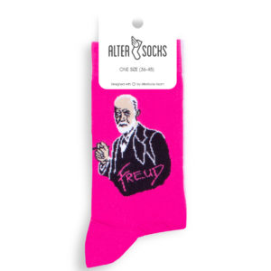 Chaussettes fantaisie avec portrait de Sigmund Freud sur fond rose, parfaites pour les amateurs de psychologie