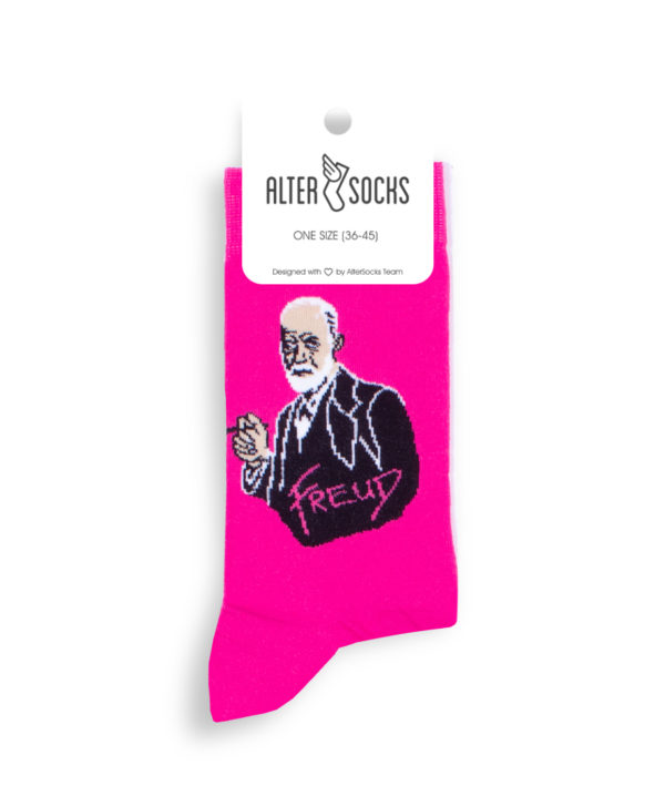 Chaussettes fantaisie avec portrait de Sigmund Freud sur fond rose, parfaites pour les amateurs de psychologie