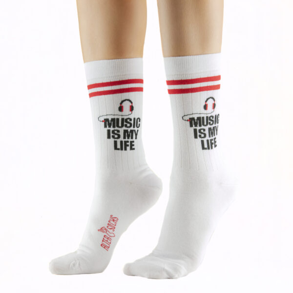 Chaussettes blanches avec slogan 'Music is my life', confortables et en coton, look décontracté