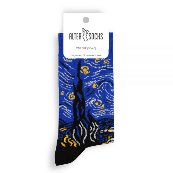 Chaussettes fantaisie inspirées de La Nuit étoilée de Van Gogh avec ciel tourbillonnan