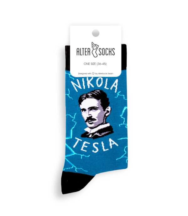 Accessoire mode, chaussettes illustrées avec le portrait de Nikola Tesla