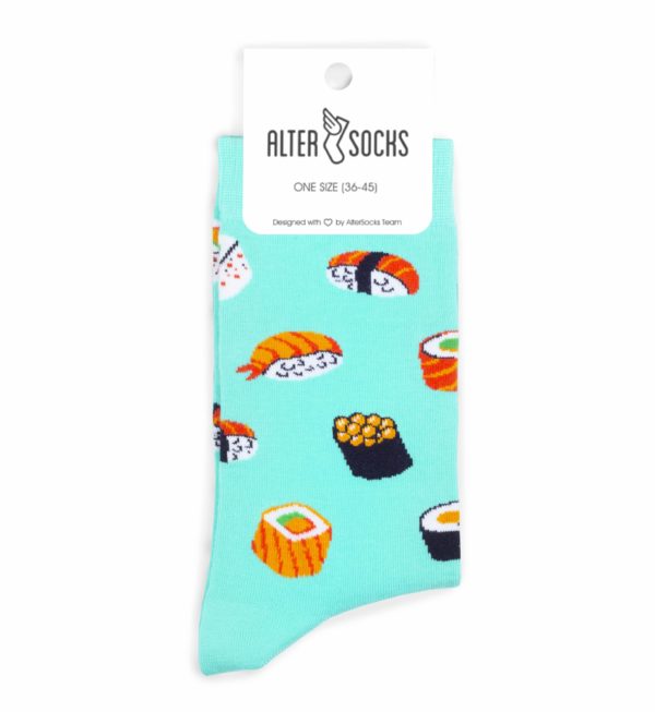 Chaussettes fantaisie avec motif sushi sur fond vert, parfaites pour les amateurs de cuisine japonaise.