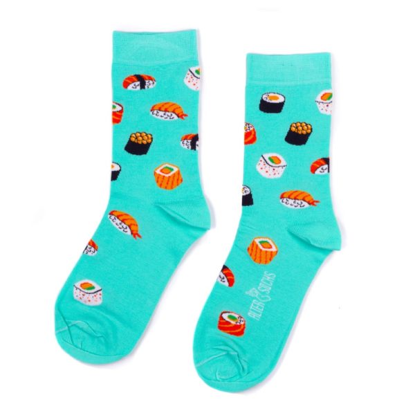 Chaussettes vertes originales avec illustrations de sushis, un accessoire mode amusant.