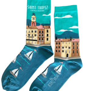 Chaussettes Saint-Tropez à plat : le port de Saint-Tropez et ses voiliers sur fond bleu canard