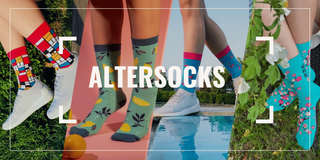Bannière Altersocks : chaussettes fantaisie portées en été